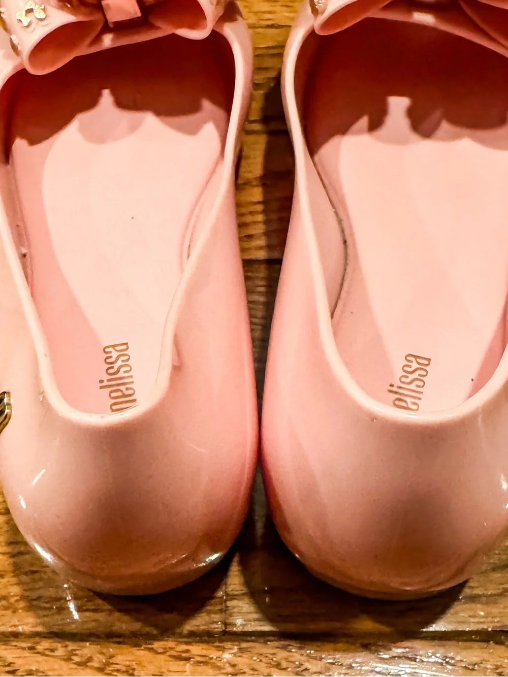 Mini Melissa Pink Bow Jelly Flats with Gold Accents